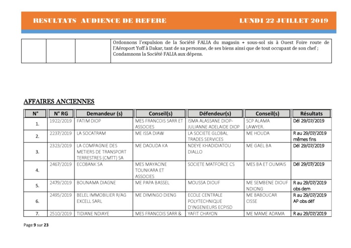 Tribunal du Commerce: Délibérés Audiences des Référés du lundi 22 juillet 2019