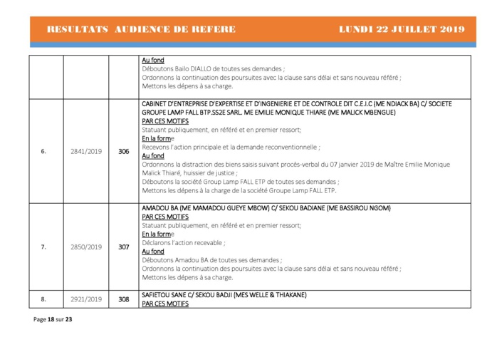 Tribunal du Commerce: Délibérés Audiences des Référés du lundi 22 juillet 2019