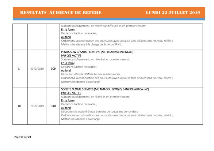 Tribunal du Commerce: Délibérés Audiences des Référés du lundi 22 juillet 2019