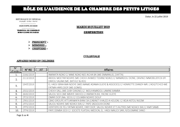 Tribunal du Commerce: Audiences de la Chambre des Petits Litiges de ce mardi 23 juillet