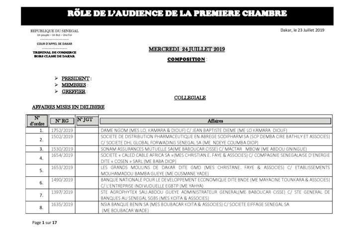 Tribunal du Commerce: Audiences de la Première Chambre de ce mercredi 24 juillet