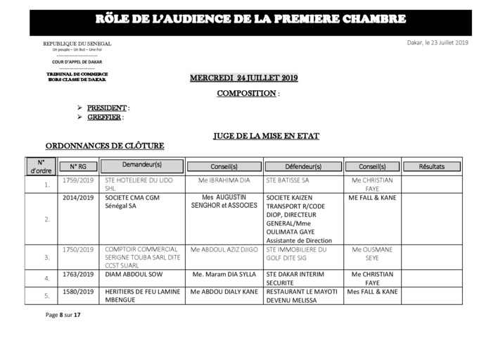 Tribunal du Commerce: Audiences de la Première Chambre de ce mercredi 24 juillet