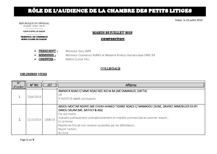 Tribunal du Commerce: Délibérés des Audiences du mardi 23 juillet 2019