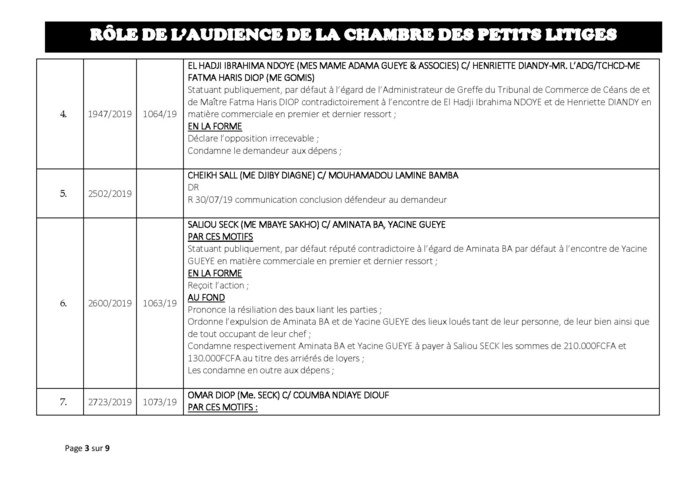 Tribunal du Commerce: Délibérés des Audiences du mardi 23 juillet 2019