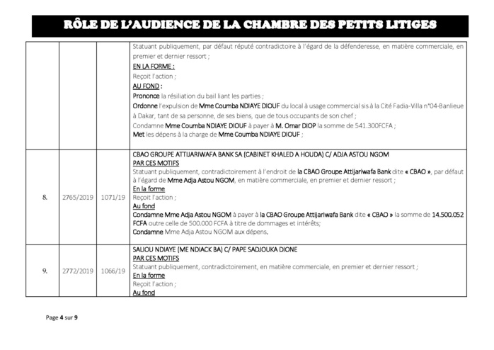 Tribunal du Commerce: Délibérés des Audiences du mardi 23 juillet 2019