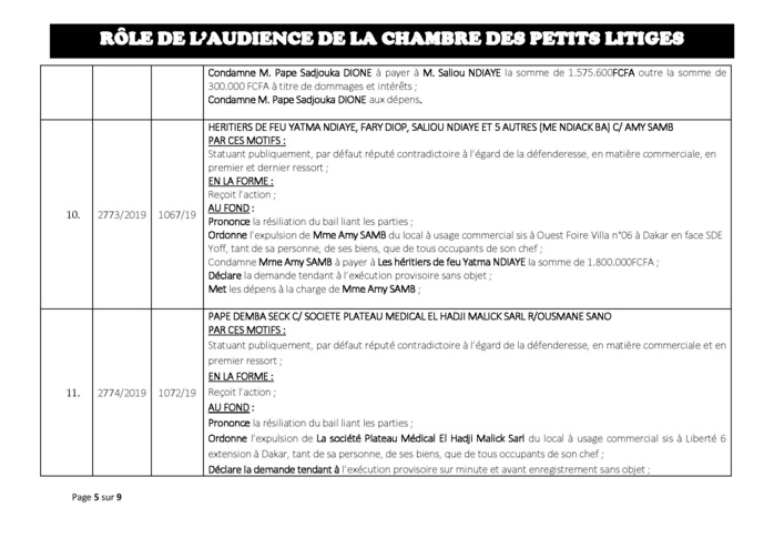 Tribunal du Commerce: Délibérés des Audiences du mardi 23 juillet 2019