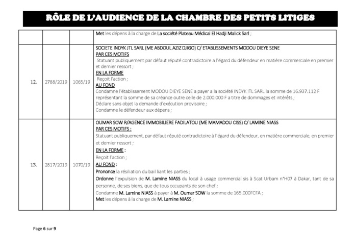 Tribunal du Commerce: Délibérés des Audiences du mardi 23 juillet 2019