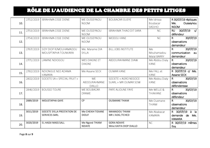 Tribunal du Commerce: Délibérés des Audiences du mardi 23 juillet 2019