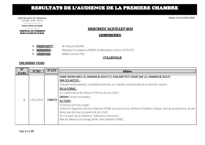 Tribunal du Commerce: Délibérés des Audiences du mercredi 24 juillet  