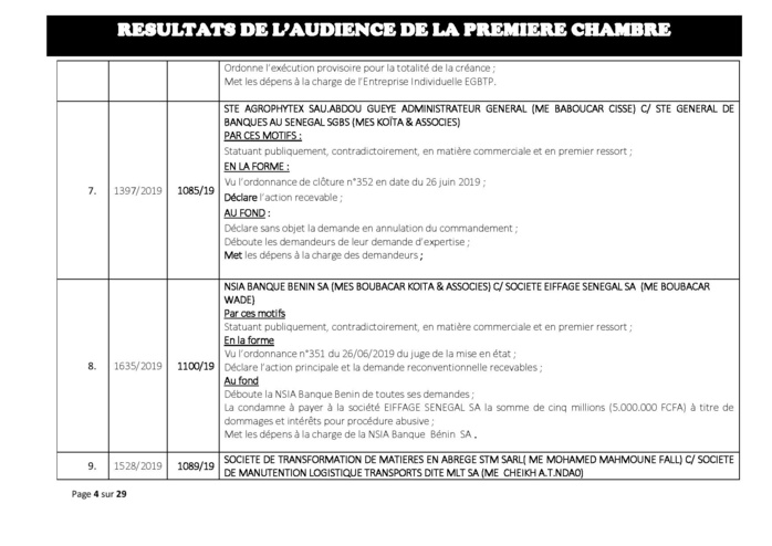 Tribunal du Commerce: Délibérés des Audiences du mercredi 24 juillet  