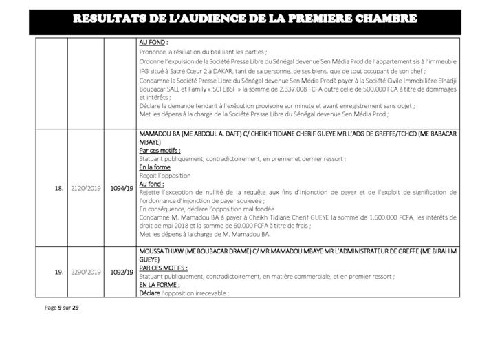 Tribunal du Commerce: Délibérés des Audiences du mercredi 24 juillet  