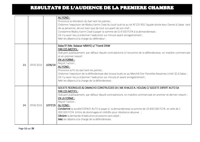 Tribunal du Commerce: Délibérés des Audiences du mercredi 24 juillet  