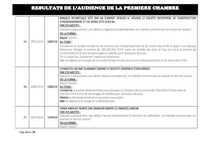 Tribunal du Commerce: Délibérés des Audiences du mercredi 24 juillet  