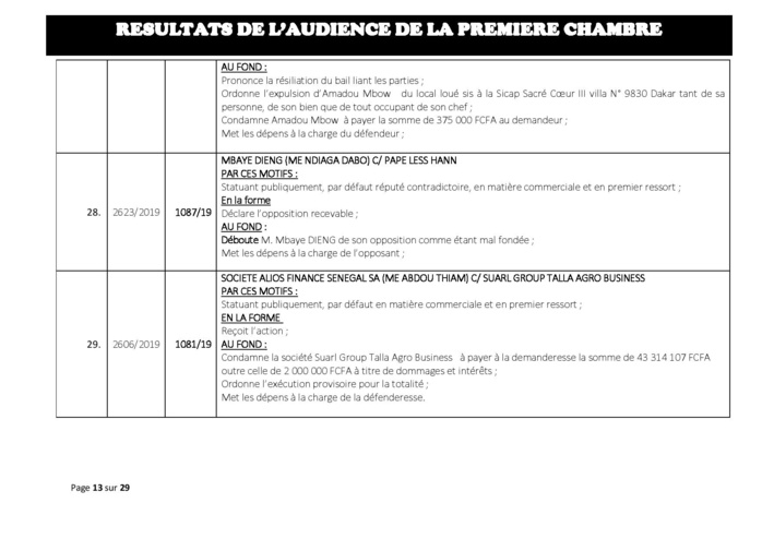 Tribunal du Commerce: Délibérés des Audiences du mercredi 24 juillet  