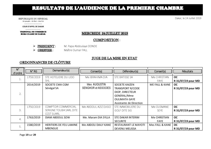 Tribunal du Commerce: Délibérés des Audiences du mercredi 24 juillet  