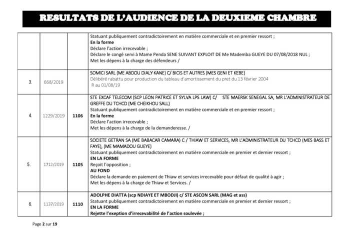 Tribunal du Commerce: Délibérés des Audiences du 25 juillet 2019