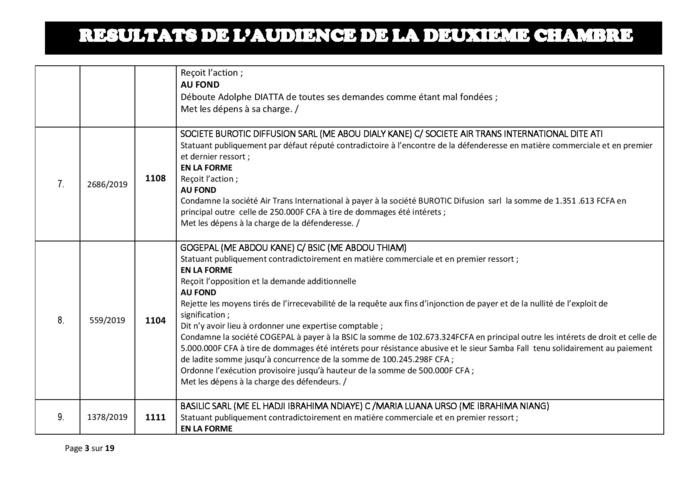 Tribunal du Commerce: Délibérés des Audiences du 25 juillet 2019