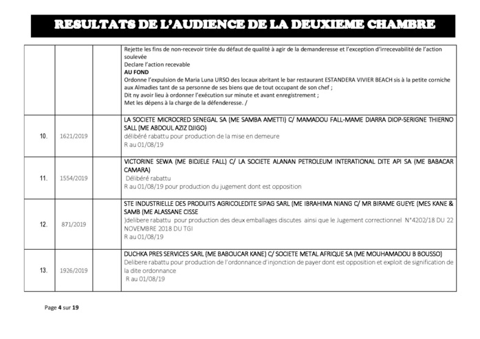 Tribunal du Commerce: Délibérés des Audiences du 25 juillet 2019