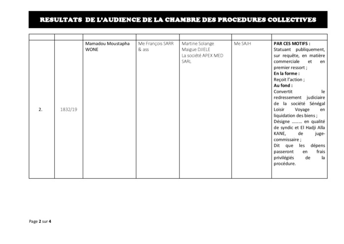 Délibérés des Audiences de la Chambre des Procédures Collectives du vendredi 26 juillet