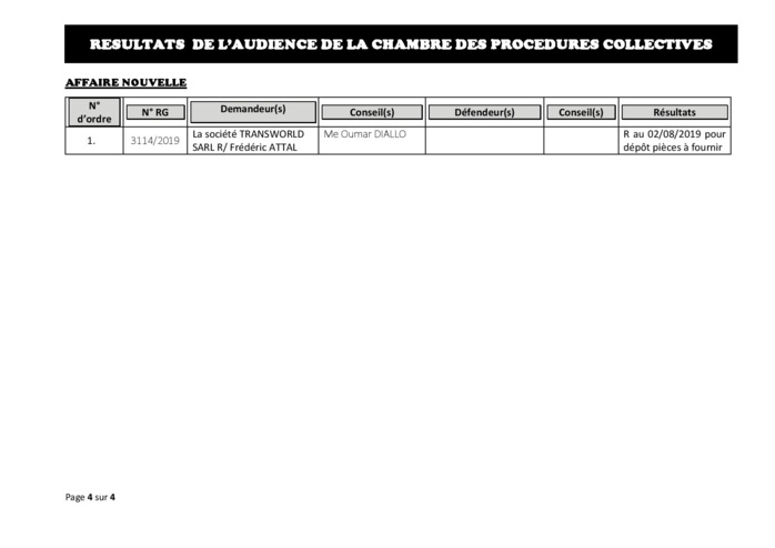 Délibérés des Audiences de la Chambre des Procédures Collectives du vendredi 26 juillet