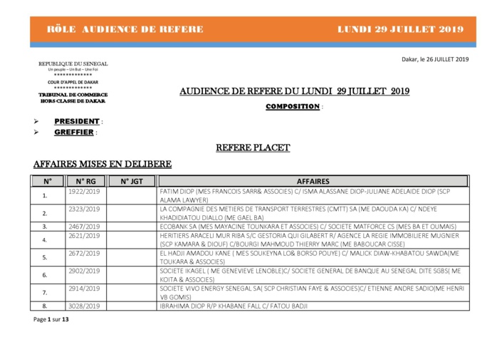 Tribunal du Commerce: Audiences des Référés de ce lundi 29 juillet 2019