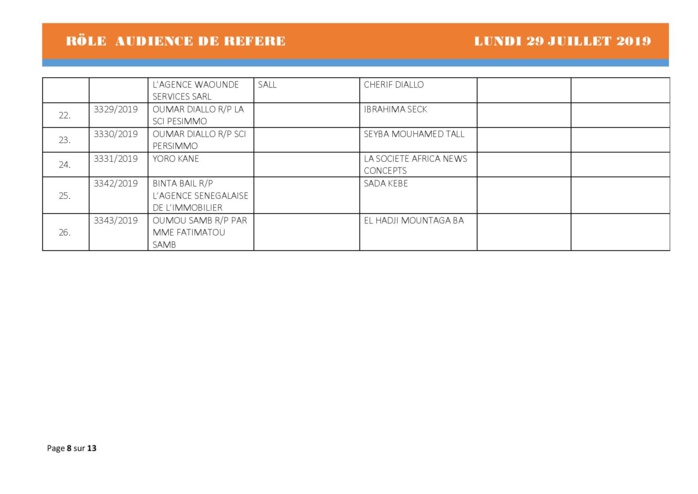 Tribunal du Commerce: Audiences des Référés de ce lundi 29 juillet 2019