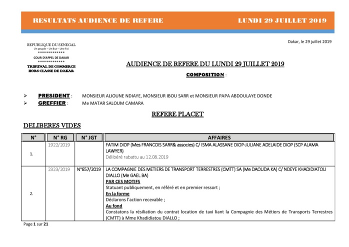 Tribunal du Commerce: Délibérés des Audiences du lundi 29 juillet 2019