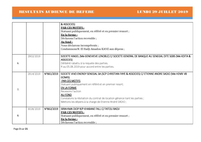 Tribunal du Commerce: Délibérés des Audiences du lundi 29 juillet 2019