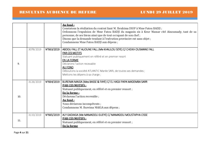 Tribunal du Commerce: Délibérés des Audiences du lundi 29 juillet 2019