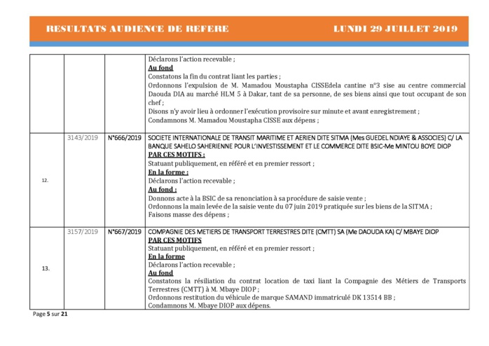 Tribunal du Commerce: Délibérés des Audiences du lundi 29 juillet 2019