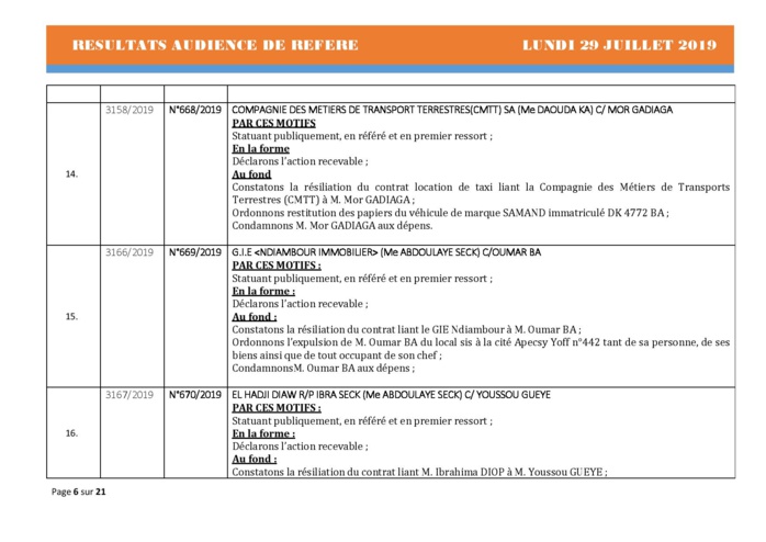 Tribunal du Commerce: Délibérés des Audiences du lundi 29 juillet 2019