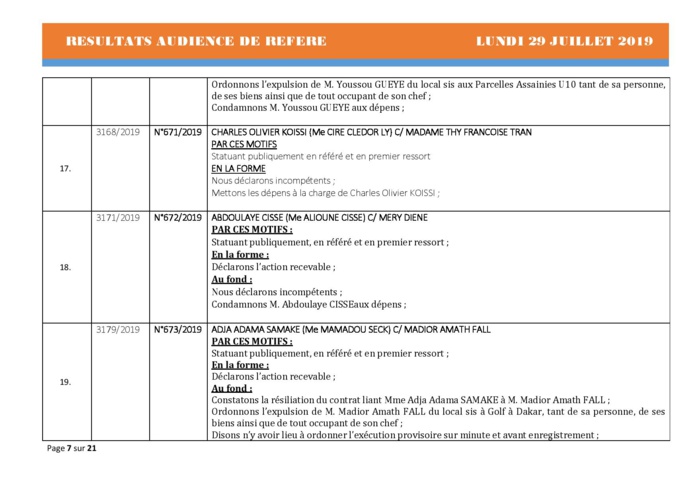 Tribunal du Commerce: Délibérés des Audiences du lundi 29 juillet 2019