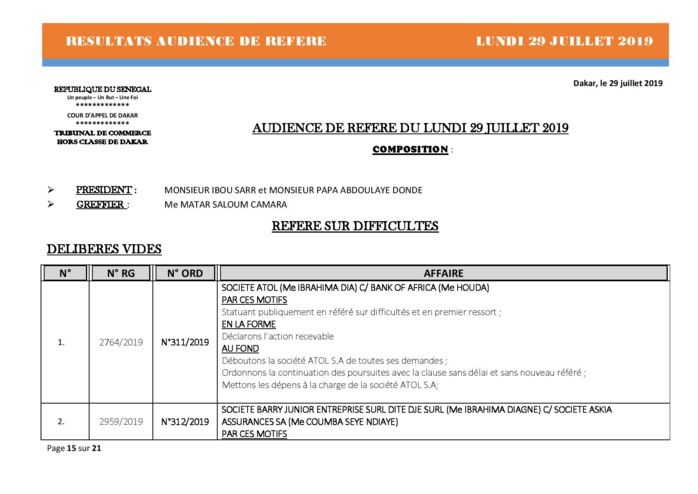 Tribunal du Commerce: Délibérés des Audiences du lundi 29 juillet 2019