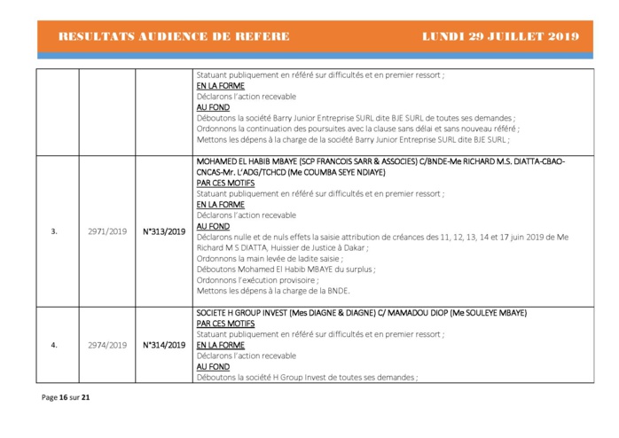 Tribunal du Commerce: Délibérés des Audiences du lundi 29 juillet 2019