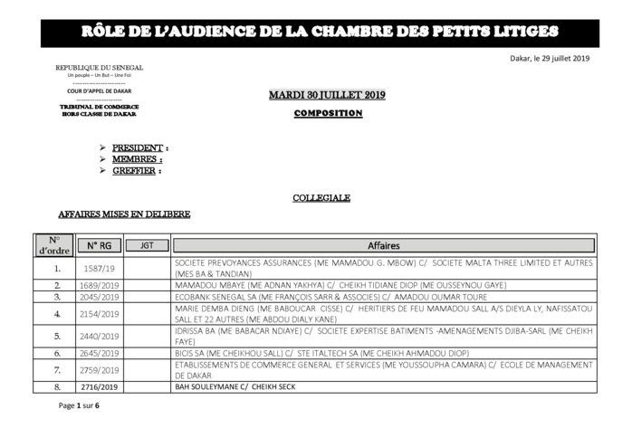 Tribunal du Commerce: Audiences de la Chambre des Petits Litiges de ce mardi 30 juillet