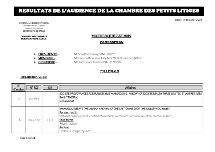 Tribunal du Commerce: Délibérés des Audiences du mardi 30 juillet 2019