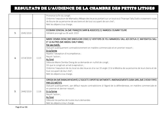 Tribunal du Commerce: Délibérés des Audiences du mardi 30 juillet 2019