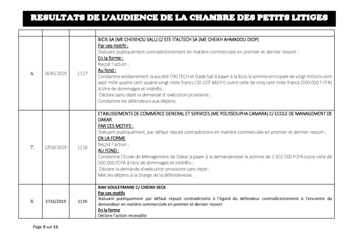 Tribunal du Commerce: Délibérés des Audiences du mardi 30 juillet 2019