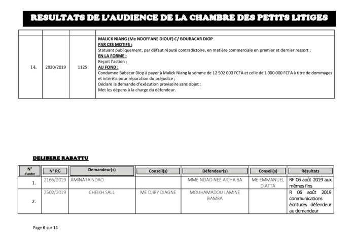 Tribunal du Commerce: Délibérés des Audiences du mardi 30 juillet 2019