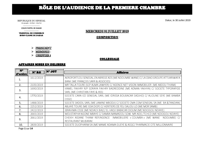 Tribunal du Commerce: Audiences de la Première Chambre de ce mercredi 31 juillet