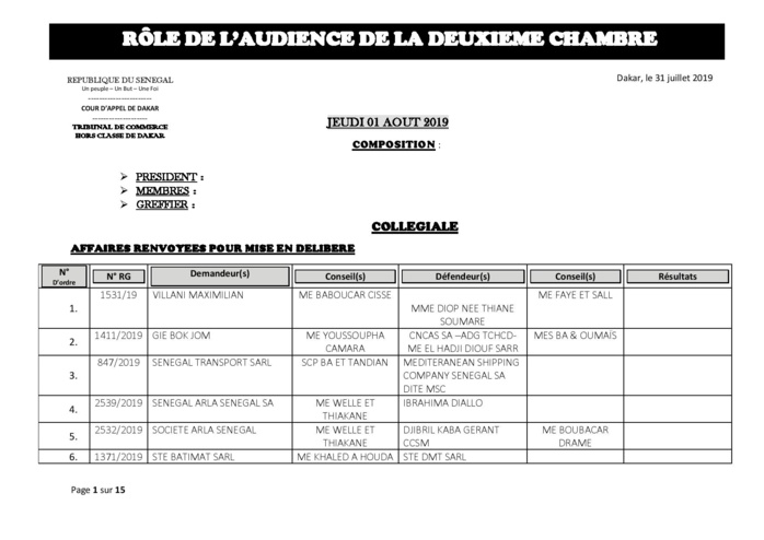 Tribunal du Commerce: Audiences de la 2e Chambre de ce jeudi 01 août 2019