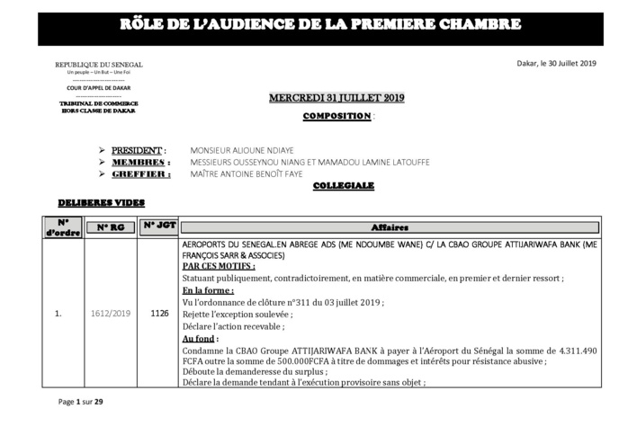 Tribunal du Commerce: Délibérés des Audiences du mercredi 31 juillet 2019