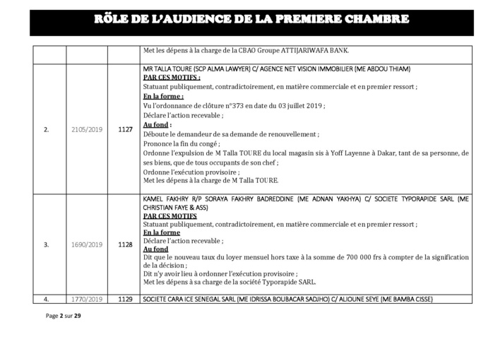 Tribunal du Commerce: Délibérés des Audiences du mercredi 31 juillet 2019