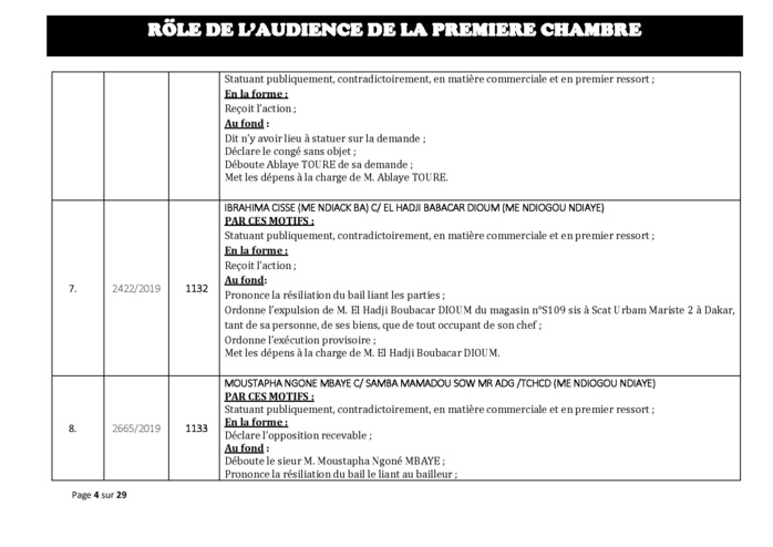 Tribunal du Commerce: Délibérés des Audiences du mercredi 31 juillet 2019