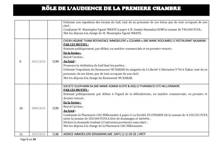 Tribunal du Commerce: Délibérés des Audiences du mercredi 31 juillet 2019