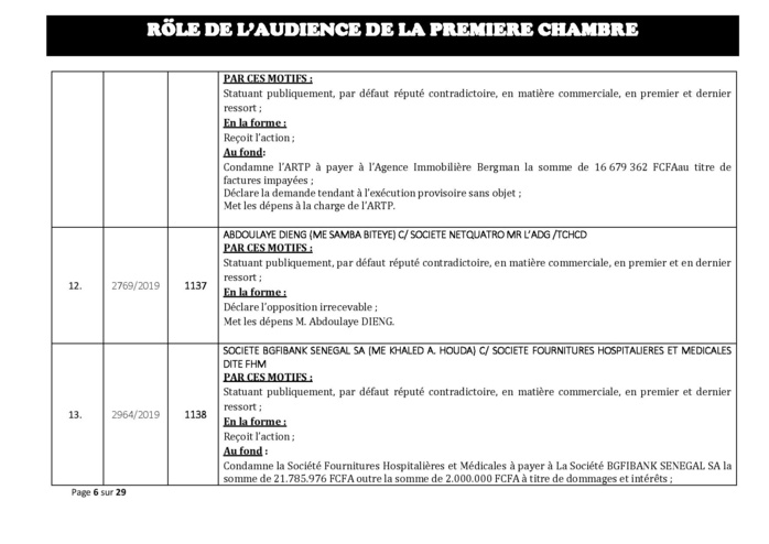 Tribunal du Commerce: Délibérés des Audiences du mercredi 31 juillet 2019