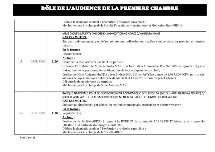 Tribunal du Commerce: Délibérés des Audiences du mercredi 31 juillet 2019