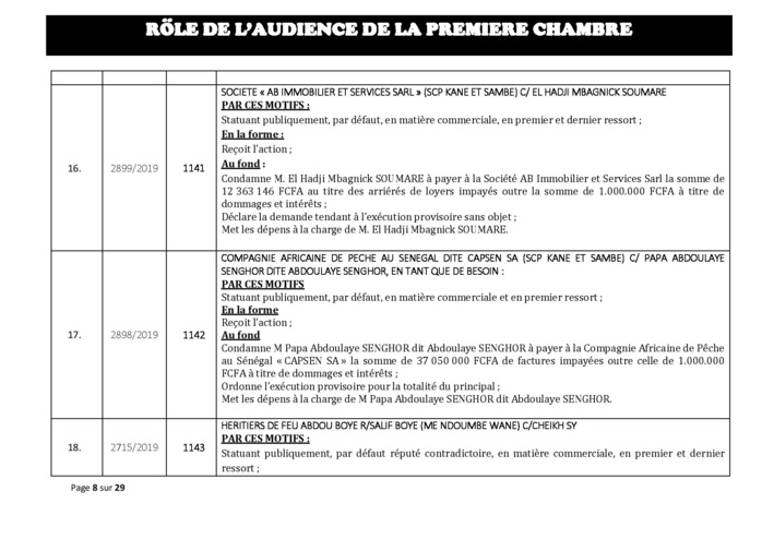 Tribunal du Commerce: Délibérés des Audiences du mercredi 31 juillet 2019