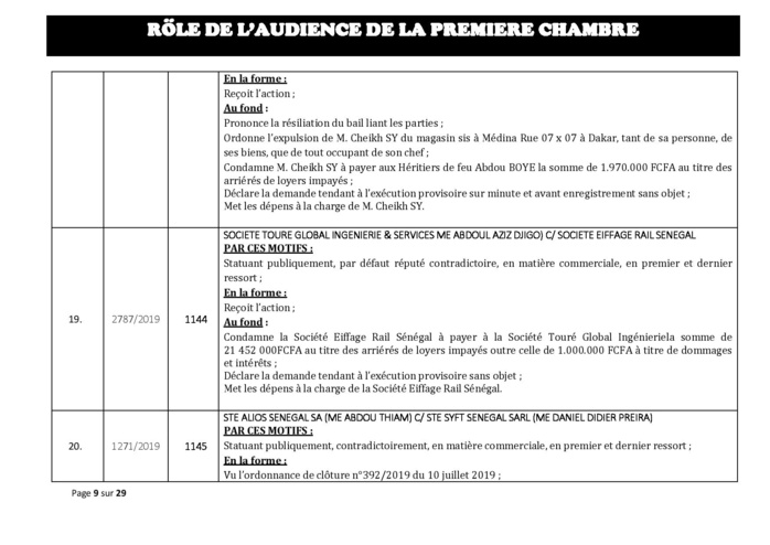 Tribunal du Commerce: Délibérés des Audiences du mercredi 31 juillet 2019