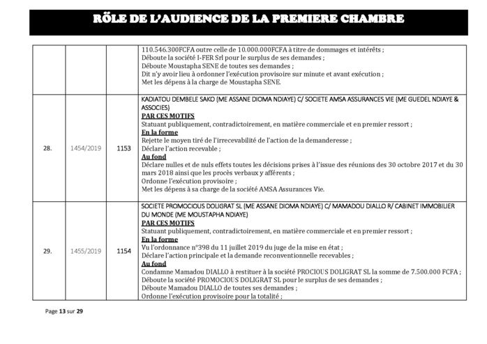 Tribunal du Commerce: Délibérés des Audiences du mercredi 31 juillet 2019